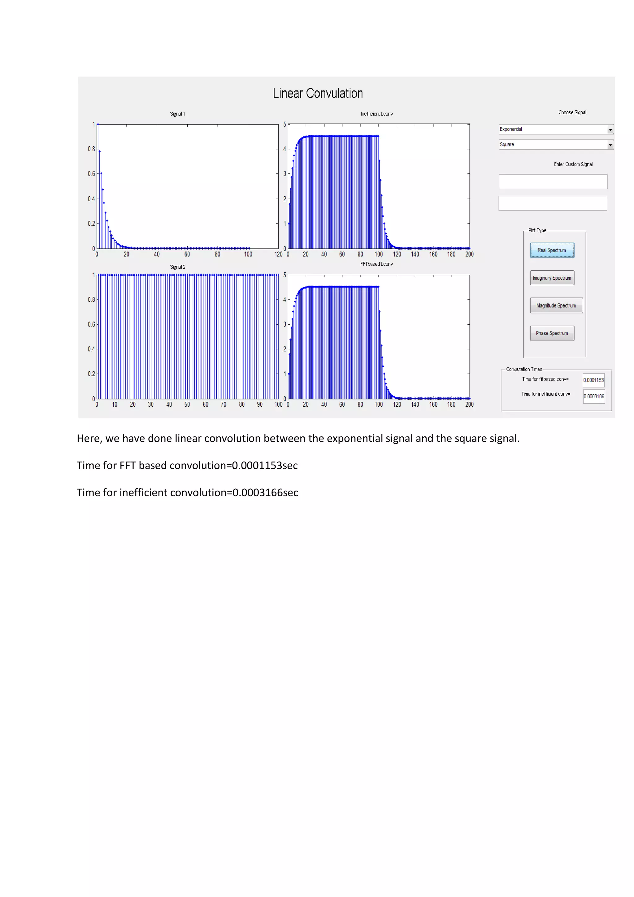 Here, we have done linear convolution between the exponential signal and the square signal.

Time for FFT based convolution=0.0001153sec

Time for inefficient convolution=0.0003166sec
 