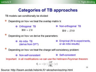 Categories of TB approaches
10
Source: http://beam.acclab.helsinki.fi/~akrashen/esctmp.html
Lecture II 1. Tight-Binding
 