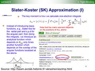 Slater-Koster (SK) Approximation (I)
11
Source: http://beam.acclab.helsinki.fi/~akrashen/esctmp.html
Lecture II 1. Tight-Binding
 