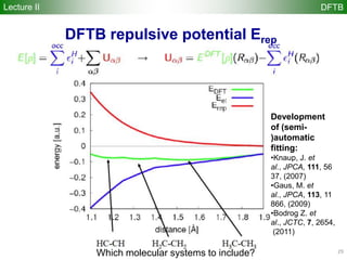 DFTB repulsive potential Erep
Which molecular systems to include?
Development
of (semi-
)automatic
fitting:
•Knaup, J. et
al., JPCA, 111, 56
37, (2007)
•Gaus, M. et
al., JPCA, 113, 11
866, (2009)
•Bodrog Z. et
al., JCTC, 7, 2654,
(2011)
29
Lecture II DFTB
 