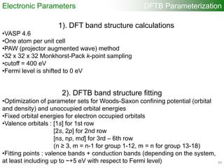 2). DFTB band structure fitting
•Optimization of parameter sets for Woods-Saxon confining potential (orbital
and density) and unoccupied orbital energies
•Fixed orbital energies for electron occupied orbitals
•Valence orbitals : [1s] for 1st row
[2s, 2p] for 2nd row
[ns, np, md] for 3rd – 6th row
(n ≥ 3, m = n-1 for group 1-12, m = n for group 13-18)
•Fitting points : valence bands + conduction bands (depending on the system,
at least including up to ~+5 eV with respect to Fermi level)
Electronic Parameters DFTB Parameterization
1). DFT band structure calculations
•VASP 4.6
•One atom per unit cell
•PAW (projector augmented wave) method
•32 x 32 x 32 Monkhorst-Pack k-point sampling
•cutoff = 400 eV
•Fermi level is shifted to 0 eV
49
 