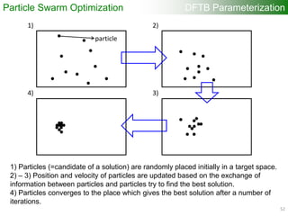 1) Particles (=candidate of a solution) are randomly placed initially in a target space.
2) – 3) Position and velocity of particles are updated based on the exchange of
information between particles and particles try to find the best solution.
4) Particles converges to the place which gives the best solution after a number of
iterations.
•
•
•
•
•
•
• •
••
•
•
••
••
• •
••
• ••
•••
•
•
•
•
••
••••••••
particle
1)
4)
2)
3)
Particle Swarm Optimization DFTB Parameterization
52
 