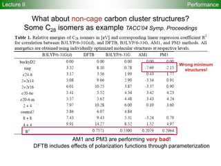 Performance
What about non-cage carbon cluster structures?
Some C28 isomers as example TACC’04 Symp. Proceedings
AM1 and PM3 are performing very bad!
DFTB includes effects of polarization functions through parameterization
Wrong minimum
structures!
Lecture II
 
