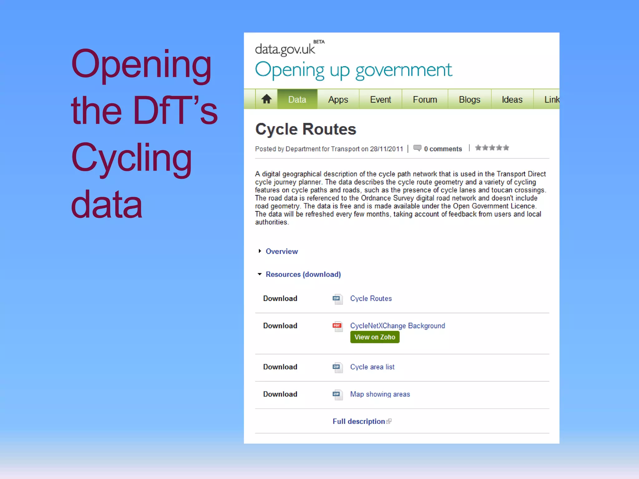 Opening
the DfT’s
Cycling
data
 
