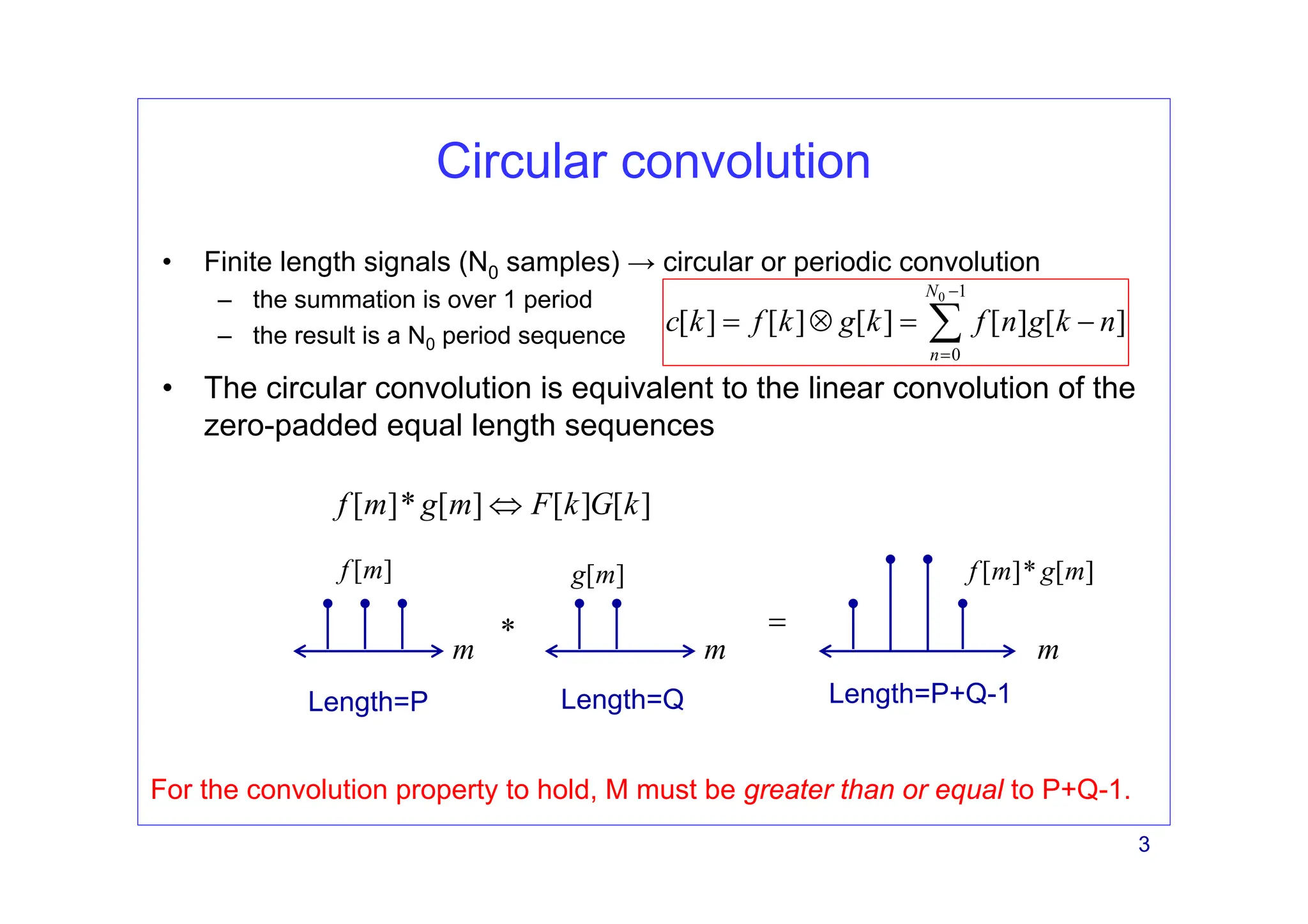 3
Circular convolution
• Finite length signals (N0 samples) → circular or periodic convolution
– the summation is over 1 period
– the result is a N0 period sequence
• The circular convolution is equivalent to the linear convolution of the
zero-padded equal length sequences
[ ]
f m
m
*
[ ]
g m
m
[ ]* [ ]
f m g m
m
=
Length=P Length=Q Length=P+Q-1
For the convolution property to hold, M must be greater than or equal to P+Q-1.
[ ]* [ ] [ ] [ ]
f m g m F k G k
⇔
0 1
0
[ ] [ ] [ ] [ ] [ ]
N
n
c k f k g k f n g k n
−
=
= ⊗ = −
∑
 