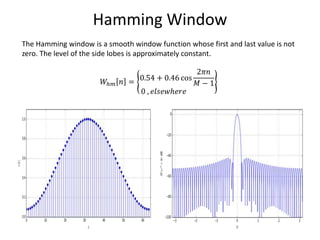 Hamming Window
The Hamming window is a smooth window function whose first and last value is not
zero. The level of the side lobes is approximately constant.
𝑊ℎ𝑚 𝑛 = 0.54 + 0.46 cos
2𝜋𝑛
𝑀 − 1
0 , 𝑒𝑙𝑠𝑒𝑤ℎ𝑒𝑟𝑒
 