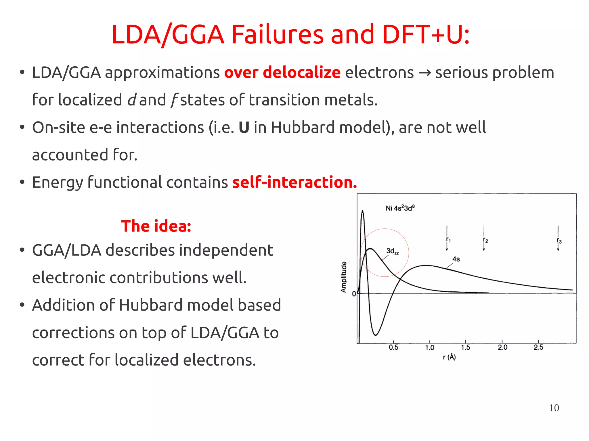 10
LDA/GGA Failures and DFT+U:
●
LDA/GGA approximations over delocalize electrons serious problem→
for localized d and f states of transition metals.
●
On-site e-e interactions (i.e. U in Hubbard model), are not well
accounted for.
●
Energy functional contains self-interaction.
●
GGA/LDA describes independent
electronic contributions well.
●
Addition of Hubbard model based
corrections on top of LDA/GGA to
correct for localized electrons.
The idea:
 