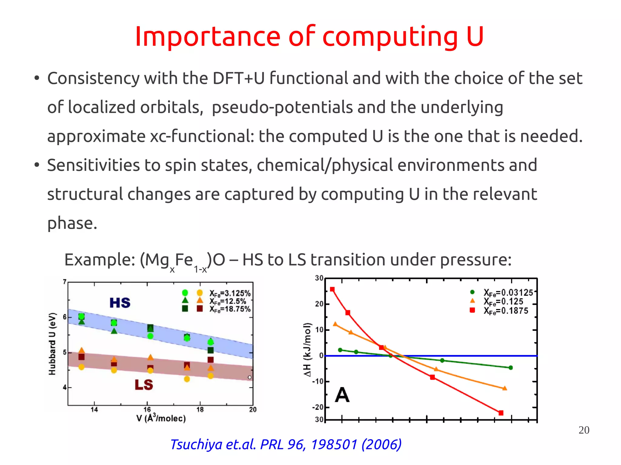 20
Importance of computing U
●
Consistency with the DFT+U functional and with the choice of the set
of localized orbitals, pseudo-potentials and the underlying
approximate xc-functional: the computed U is the one that is needed.
●
Sensitivities to spin states, chemical/physical environments and
structural changes are captured by computing U in the relevant
phase.
Example: (Mgx
Fe1-x
)O – HS to LS transition under pressure:
Tsuchiya et.al. PRL 96, 198501 (2006)
 