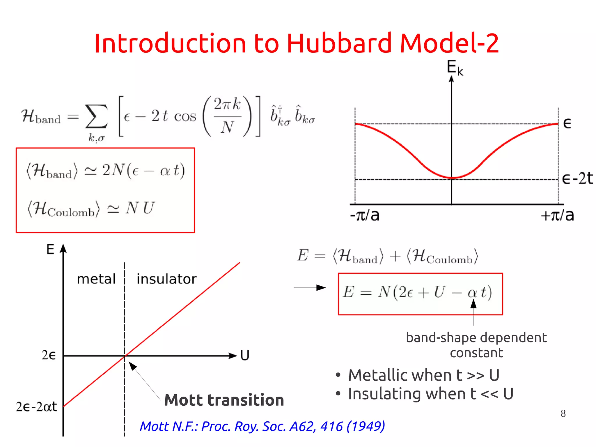 8
Introduction to Hubbard Model-2
●
Metallic when t >> U
●
Insulating when t << UMott transition
band-shape dependent
constant
Mott N.F.: Proc. Roy. Soc. A62, 416 (1949)
 