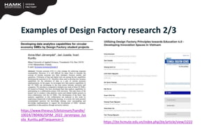 Examples of Design Factory research 2/3
https://www.theseus.fi/bitstream/handle/
10024/780406/ISPIM_2022_Jarvenpaa_Jus
sila_Kunttu.pdf?sequence=1
https://jte.hcmute.edu.vn/index.php/jte/article/view/1222
 