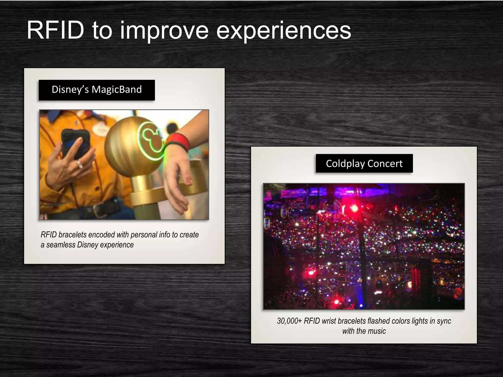 RFID to improve experiences

    Disney’s MagicBand




                                                                       Coldplay Concert




 RFID bracelets encoded with personal info to create
 a seamless Disney experience




                                                       30,000+ RFID wrist bracelets flashed colors lights in sync
                                                                           with the music
 