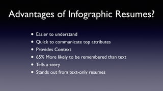 When is appropriate to use an
Infographic Resume?
In Person
• Job/Career Fairs
• Interviews
• Networking Events
Online
• LinkedIN
• Personal Homepage
• Portfolio Site
• Social Media Sites
 