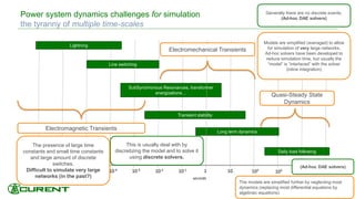 Power system dynamics challenges for simulation
the tyranny of multiple time-scales
14
10-7 10-6 10-5 10-4 10-3 10-2 10-1 1 10 102
103 104
Lightning
Line switching
SubSynchronous Resonances, transformer
energizations…
Transient stability
Long term dynamics
Daily load following
seconds
Electromechanical Transients
Electromagnetic Transients
Quasi-Steady State
Dynamics
Models are simplified (averaged) to allow
for simulation of very large networks.
Ad-hoc solvers have been developed to
reduce simulation time, but usually the
“model” is “interlaced” with the solver
(inline integration)
Generally there are no discrete events.
(Ad-hoc DAE solvers)
This is usually deal with by
discretizing the model and to solve it
using discrete solvers.
The presence of large time
constants and small time constants
and large amount of discrete
switches.
Difficult to simulate very large
networks (in the past?)
The models are simplified further by neglecting most
dynamics (replacing most differential equations by
algebraic equations).
(Ad-hoc DAE solvers)
 
