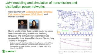 Joint modeling and simulation of transmission and
distribution power networks
• Work together with Marcelo de Castro Fernandez ,
Prof. Janaina Gonçalvez (UFJF, Brazil) and
Maxime Baudette
• Hybrid single-phase three- phase model for power
flow simulation using Modelica as modeling
language. The formulation of such model was
proposed by Jose Mauro Marinho and Glauco Nery
Taranto in the paper:
• [ref]Jose Mauro T. Marinho and Glauco Nery Taranto. A Hybrid Three-
Phase Single-Phase Power Flow Formulation Published in: IEEE
Transactions on Power Systems (Volume: 23, Pages: 1063:1070,
Issue: 3, Aug. 2008)
49
 