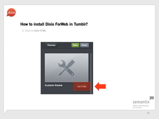 12	
 ?
How to install Dixio ForWeb in Tumblr?
2. Click on Edit HTML
 