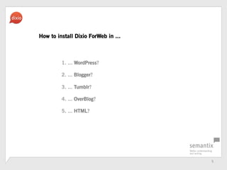 5	
 ?
How to install Dixio ForWeb in ...




1. ... WordPress?


2. ... Blogger?


3. ... Tumblr?


4. ... OverBlog?


5. ... HTML? 








 