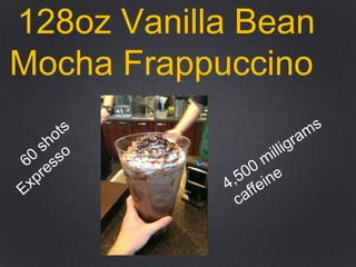 128oz Vanilla Bean
Mocha Frappuccino
60
shots
Expresso
4,500 milligrams
caffeine
 
