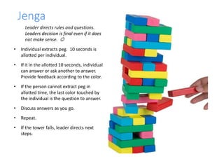 Jenga
Leader directs rules and questions.
Leaders decision is final even if it does
not make sense. 
• Individual extracts peg. 10 seconds is
allotted per individual.
• If it in the allotted 10 seconds, individual
can answer or ask another to answer.
Provide feedback according to the color.
• If the person cannot extract peg in
allotted time, the last color touched by
the individual is the question to answer.
• Discuss answers as you go.
• Repeat.
• If the tower falls, leader directs next
steps.
 