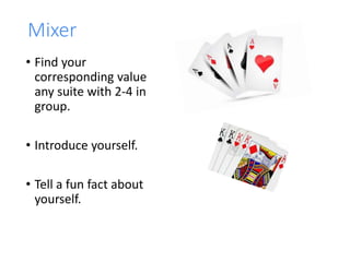 Mixer
• Find your
corresponding value
any suite with 2-4 in
group.
• Introduce yourself.
• Tell a fun fact about
yourself.
 
