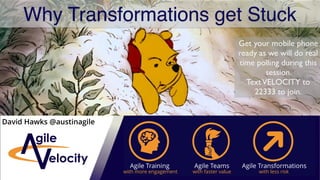 Why Transformations get Stuck
Get your mobile phone
ready as we will do real
time polling during this
session.
TextVELOCITY to
22333 to join.
David Hawks @austinagile
Agile Training Agile Teams Agile Transformations
with more engagement with faster value with less risk
 