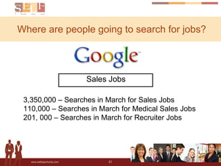 Where are people going to search for jobs? Sales Jobs 3,350,000 – Searches in March for Sales Jobs  110,000 – Searches in March for Medical Sales Jobs 201, 000 – Searches in March for Recruiter Jobs  