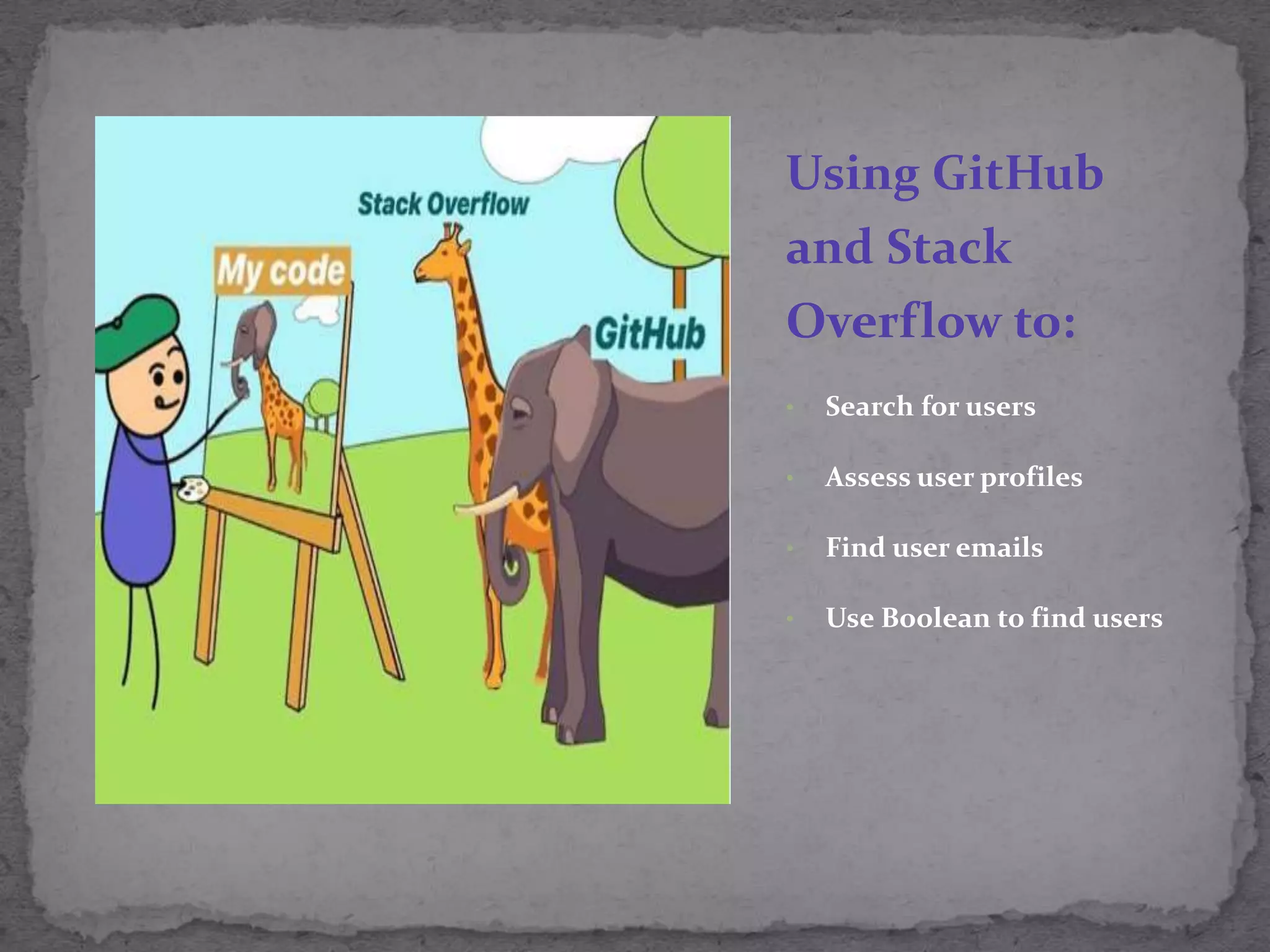 Using GitHub
and Stack
Overflow to:
&bull; Search for users
&bull; Assess user profiles
&bull; Find user emails
&bull; Use Boolean to find users
 