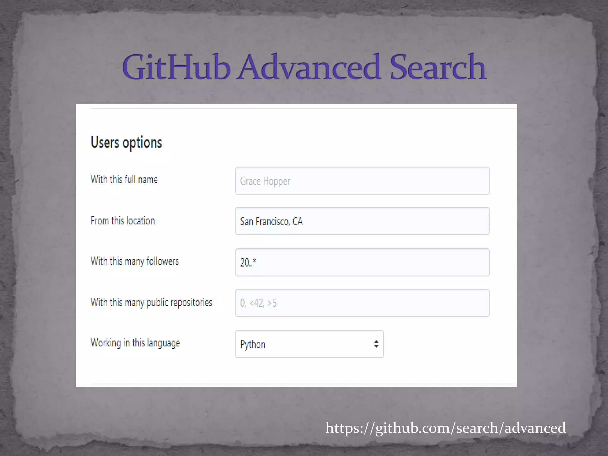 https://github.com/search/advanced
 