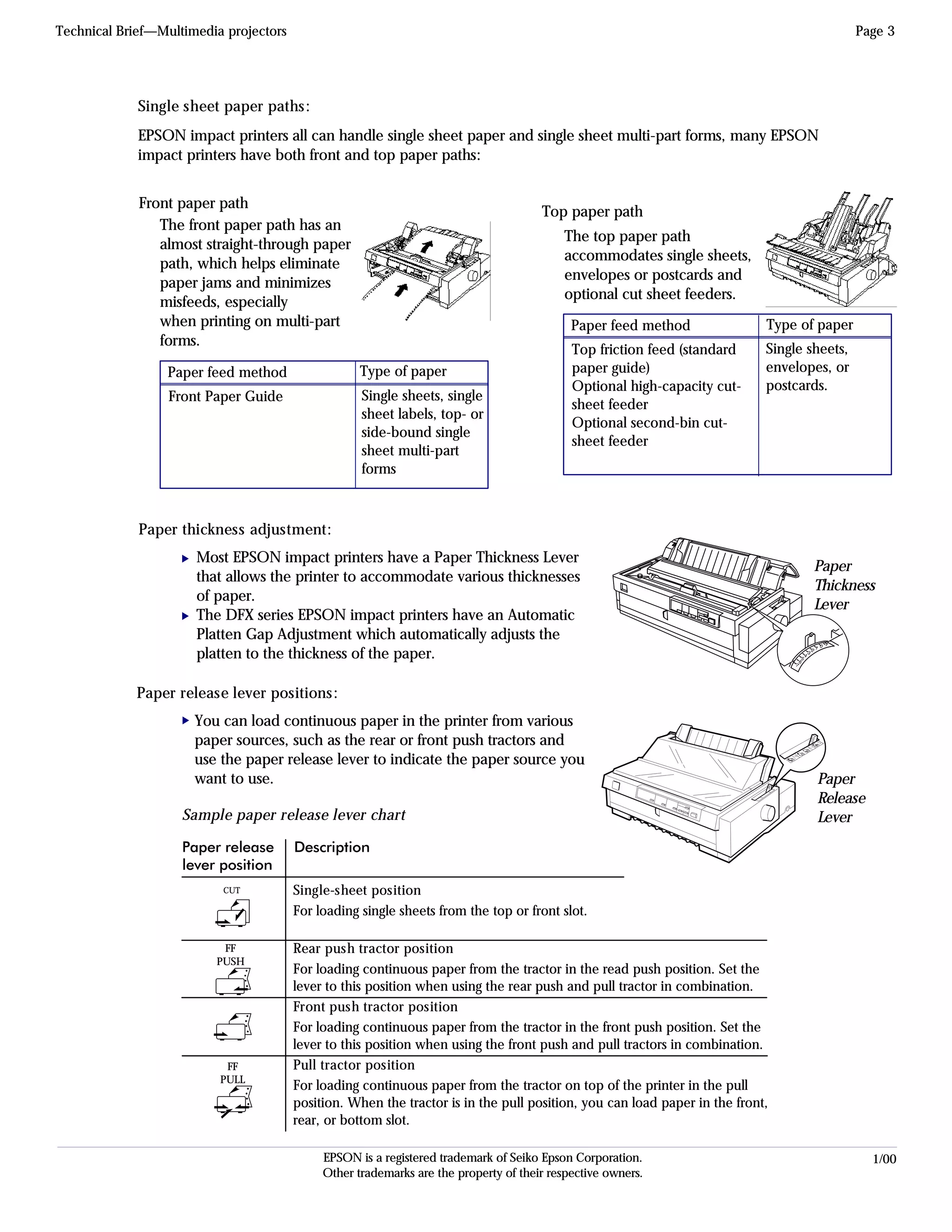 EPSON Sales Training 1/00EPSON is a registered trademark of Seiko Epson Corporation.
Other trademarks are the property of their respective owners.
Technical Brief—Multimedia projectors Page 3
EPSON impact printers all can handle single sheet paper and single sheet multi-part forms, many EPSON
impact printers have both front and top paper paths:
Single sheet paper paths:
Front paper path
The front paper path has an
almost straight-through paper
path, which helps eliminate
paper jams and minimizes
misfeeds, especially
when printing on multi-part
forms.
Paper feed method Type of paper
Front Paper Guide Single sheets, single
sheet labels, top- or
side-bound single
sheet multi-part
forms
Paper feed method
Top friction feed (standard
paper guide)
Optional high-capacity cut-
sheet feeder
Optional second-bin cut-
sheet feeder
Single sheets,
envelopes, or
postcards.
Type of paper
Top paper path
The top paper path
accommodates single sheets,
envelopes or postcards and
optional cut sheet feeders.
01
-1
3
2
4
5
6
7
Most EPSON impact printers have a Paper Thickness Lever
that allows the printer to accommodate various thicknesses
of paper.
The DFX series EPSON impact printers have an Automatic
Platten Gap Adjustment which automatically adjusts the
platten to the thickness of the paper.
Paper thickness adjustment:
LL
Paper
Thickness
Lever
You can load continuous paper in the printer from various
paper sources, such as the rear or front push tractors and
use the paper release lever to indicate the paper source you
want to use.
Paper release lever positions:
L
Paper
Release
Lever
Paper release Description
lever position
Single-sheet position
For loading single sheets from the top or front slot.
Rear push tractor position
For loading continuous paper from the tractor in the read push position. Set the
lever to this position when using the rear push and pull tractor in combination.
Front push tractor position
For loading continuous paper from the tractor in the front push position. Set the
lever to this position when using the front push and pull tractors in combination.
Pull tractor position
For loading continuous paper from the tractor on top of the printer in the pull
position. When the tractor is in the pull position, you can load paper in the front,
rear, or bottom slot.
Sample paper release lever chart
CUT
FF
PUSH
FF
PULL
 