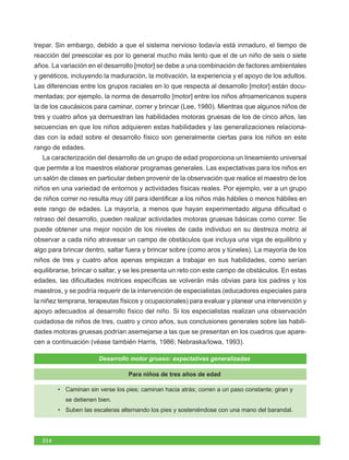 trepar. Sin embargo, debido a que el sistema nervioso todavía está inmaduro, el tiempo de
reacción del preescolar es por lo general mucho más lento que el de un niño de seis o siete
años. La variación en el desarrollo [motor] se debe a una combinación de factores ambientales
y genéticos, incluyendo la maduración, la motivación, la experiencia y el apoyo de los adultos.
Las diferencias entre los grupos raciales en lo que respecta al desarrollo [motor] están docu-
mentadas; por ejemplo, la norma de desarrollo [motor] entre los niños afroamericanos supera
la de los caucásicos para caminar, correr y brincar (Lee, 1980). Mientras que algunos niños de
tres y cuatro años ya demuestran las habilidades motoras gruesas de los de cinco años, las
secuencias en que los niños adquieren estas habilidades y las generalizaciones relaciona-
das con la edad sobre el desarrollo físico son generalmente ciertas para los niños en este
rango de edades.
  La caracterización del desarrollo de un grupo de edad proporciona un lineamiento universal
que permite a los maestros elaborar programas generales. Las expectativas para los niños en
un salón de clases en particular deben provenir de la observación que realice el maestro de los
niños en una variedad de entornos y actividades físicas reales. Por ejemplo, ver a un grupo
de niños correr no resulta muy útil para identificar a los niños más hábiles o menos hábiles en
este rango de edades. La mayoría, a menos que hayan experimentado alguna dificultad o
retraso del desarrollo, pueden realizar actividades motoras gruesas básicas como correr. Se
puede obtener una mejor noción de los niveles de cada individuo en su destreza motriz al
observar a cada niño atravesar un campo de obstáculos que incluya una viga de equilibrio y
algo para brincar dentro, saltar fuera y brincar sobre (como aros y túneles). La mayoría de los
niños de tres y cuatro años apenas empiezan a trabajar en sus habilidades, como serían
equilibrarse, brincar o saltar, y se les presenta un reto con este campo de obstáculos. En estas
edades, las dificultades motrices específicas se volverán más obvias para los padres y los
maestros, y se podría requerir de la intervención de especialistas (educadores especiales para
la niñez temprana, terapeutas físicos y ocupacionales) para evaluar y planear una intervención y
apoyo adecuados al desarrollo físico del niño. Si los especialistas realizan una observación
cuidadosa de niños de tres, cuatro y cinco años, sus conclusiones generales sobre las habili-
dades motoras gruesas podrían asemejarse a las que se presentan en los cuadros que apare-
cen a continuación (véase también Harris, 1986; Nebraska/Iowa, 1993).

                       Desarrollo motor grueso: expectativas generalizadas

                                 Para niños de tres años de edad

        • Caminan sin verse los pies; caminan hacia atrás; corren a un paso constante; giran y
           se detienen bien.
        • Suben las escaleras alternando los pies y sosteniéndose con una mano del barandal.




  214
 
