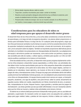 • Brinca desde mayores alturas; salta la cuerda.
         • Trepa bien; coordina movimientos para nadar o andar en bicicleta.
         • Muestra un juicio perceptivo desigual; actúa de forma muy confiada en ocasiones, pero
           acepta el establecimiento de límites y obedece las reglas.
         • Presenta altos niveles de energía; rara vez se muestra cansado; le es difícil permane-
           cer inactivo y busca juegos y entornos donde haya actividad.




    Consideraciones para los educadores de niños en
    edad temprana para que apoyen el desarrollo motor grueso
El desarrollo físico de los niños entre tres y cinco años debe considerarse a través del entorno
de aprendizaje y a lo largo de todo el programa educativo. Los planes deben proporcionar un
tiempo para actividades físicas a lo largo del día. En cualquier parte del programa, exigir que
los niños permanezcan sentados mucho tiempo se opone a la forma característica de los niños
de aprender mediante la realización de una actividad: a través del movimiento, de la explora-
ción y de la actuación sobre los objetos. También es importante proporcionar alternativas para la
actividad y la movilidad a los preescolares con discapacidades del desarrollo. Las adaptaciones
del equipo o del entorno pueden ser necesarias, como sería contar con jardines y equipo que
sea accesible para silla de ruedas, o utilizar signos y símbolos para ayudar a un niño con defi-
ciencia auditiva a participar en la música o el movimiento.
   Entre las edades de tres y seis años, el desarrollo motor grueso progresa rápidamente confor-
me los niños empiezan a desarrollar nuevas capacidades y a refinar otras. Las actividades dia-
rias deben incluir muchas oportunidades para que los niños pequeños desarrollen competencia
y confianza. Por ejemplo, como parte de la rutina diaria, los niños cargan objetos, caminan ro-
deados por la naturaleza, hacen ejercicio y se mueven al ritmo de la música, y participan en
juegos de roles y dramatizaciones cortas. El equipo de juego para actividades dentro del edificio
puede promover las habilidades motoras gruesas, con una adaptación para proporcionar acceso
a los niños con discapacidades. Un equipo diverso puede incluir zancos con copas, un trampolín
pequeño, escalones, una viga de equilibrio, aros para brincar, saltar la cuerda, lanzamiento de
juguetes suaves, tablas con ruedas, espectáculos con títeres, lanzamiento de aros, un paracaí-
das, rompecabezas en el piso, bloques huecos, Legos grandes y carriolas para los juegos de
dramatización. Las áreas grandes (ya sea que estén alfombradas o no) son necesarias adentro
para que los niños se muevan y realicen otras actividades como lanzar y brincar.
   El exterior es un entorno ideal para promover el desarrollo motor grueso, pero su uso debe ser
planeado y supervisado. Es necesario contar con equipo como una pequeña red y pelotas de
playa para jugar voleibol, bates y pelotas de hule espuma, triciclos o tablas con ruedas. Los


   216
 