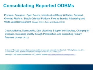 Consolidating Reported ODBMs
Cost Avoidance, Sponsorship, Dual Licensing, Support and Services, Charging for
Changes, Increasing Quality through Participation, and Supporting Primary
Business (Musings (2012))
A. Howard, “Open data economy: Eight business models for open data and insight from Deloitte U ,” O’Reilly Media, Inc., 2014.
E. Ferro and M. Osella, “Eight Business Model Archetypes for PSI Re-Use,” London, 2013
J. Musings, “Open Data Business Models,” 2012. [Online]. Available: http://www.jenitennison.com/blog/node/172.
Premium, Freemium, Open Source, Infrastructural Razor & Blades, Demand-
Oriented Platform, Supply-Oriented Platform, Free as Branded Advertising and
White-Label Development (Howard (2014), Ferro and Osella (2013))
 