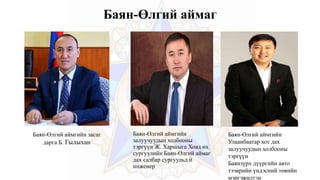 Баян-Өлгий аймаг
Баян-Өлгий аймгийн засаг
дарга Б. Гылыхан
Баян-Өлгий аймгийн
залуучуудын холбооны
тэргүүн Ж. Харшыга Ховд их
сургуулийн Баян-Өлгий аймаг
дах салбар сургуульд it
инженер
Баян-Өлгий аймгийн
Улаанбаатар хот дах
залуучуудын холбооны
тэргүүн
Баянзүрх дүүргийн авто
тээврийн үндэсний төвийн
мэргэжилтэн
 