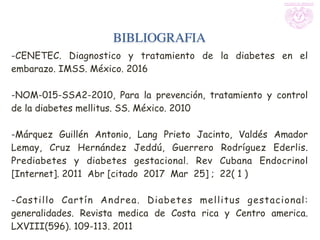-CENETEC. Diagnostico y tratamiento de la diabetes en el
embarazo. IMSS. México. 2016
-NOM-015-SSA2-2010, Para la prevención, tratamiento y control
de la diabetes mellitus. SS. México. 2010
-Márquez Guillén Antonio, Lang Prieto Jacinto, Valdés Amador
Lemay, Cruz Hernández Jeddú, Guerrero Rodríguez Ederlis.
Prediabetes y diabetes gestacional. Rev Cubana Endocrinol 
[Internet]. 2011  Abr [citado  2017  Mar  25] ;  22( 1 )
-Castillo Cartín Andrea. Diabetes mellitus gestacional:
generalidades. Revista medica de Costa rica y Centro america.
LXVIII(596). 109-113. 2011
BIBLIOGRAFIA
 