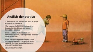Análisis denotativo
1. Se basa en las evidencias, esto es en la
lectura de lo que se ve
2.Se basa en la lectura objetiva de la
descripción de objetos, personas,
decorado o paisajes
3.Tiene valores formales que son
elementos visuales, conceptuales, relación,
procedimentales
4.Nos permite reconocer la estructura
representativa del documento imagen
trasladándonos a la realidad espacio-
temporal representada
5.Equivale al resumen.
 