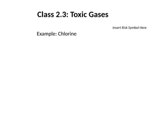 Class 2.3: Toxic Gases
Example: Chlorine
Insert Risk Symbol Here
 