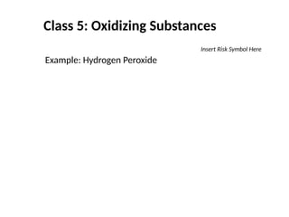 Class 5: Oxidizing Substances
Example: Hydrogen Peroxide
Insert Risk Symbol Here
 