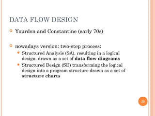 DATA FLOW DESIGN
 Yourdon and Constantine (early 70s)
 nowadays version: two-step process:
 Structured Analysis (SA), resulting in a logical
design, drawn as a set of data flow diagrams
 Structured Design (SD) transforming the logical
design into a program structure drawn as a set of
structure charts
20
 