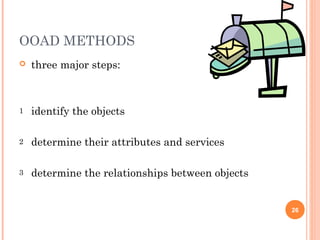 26
OOAD METHODS
 three major steps:
1 identify the objects
2 determine their attributes and services
3 determine the relationships between objects
 