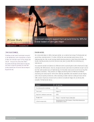 Case Study
info@aspiresys.com

|

Improved network support turn-around time by 30% for
Dubai based oil and gas major

www.aspiresys.com

THE CUSTOMER

THEIR NEED

A leading private sector natural gas company

As a renowned player in UAE oil and gas market, our customer had a huge IT infrastructure set

in the Middle East, with its operations in Saudi
Arabia, the Kurdistan region of Iraq, Egypt and
the UK. They are one of the Abu Dhabi

up and they invested close to 1.5 million USD for the exclusive data center set-up. While
implementing this, their current working model (reactive process in which they would initiate the
trouble shooting process only when the server was down) lacked effective monitoring and

Securities Exchange (ADX) listed companies

maintenance.

and have a resource potential of some 900

Our customer wanted to implement an effective tool for monitoring their entire infrastructure setup

million barrels from its world class acreage in

including LAN WAN devices, Security, storage and back up devices and preferred an open source

Egypt and Iraq.

tool that could provide luxury of implementing it in the phase wise manner as well as solving their
budgetary constraints. They zeroed in on Nagios monitoring tool as it offered cost effective,
monitoring and control system with intuitive alarming capabilities and escalation process forged
with a robust reporting mechanism. After evaluating multiple vendors including the local centric
UAE vendors, Aspire was chosen by the customer to implement Nagios for monitoring their
complex IT infrastructure set up.

Domain
No of devices for monitoring

300+

Tools used

Nagios XI

Real time interfaces monitored

1200+

Engagement

Phase 1: Fixed bid, Phase 2: Dedicated

Critical components

© Aspire Systems

Oil and Gas

Email infrastructure, MPLS network, SharePoint infrastructure,
and blackberry server.

01

 