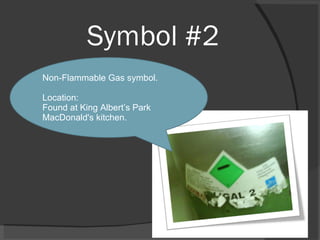 Symbol #2 Non-Flammable Gas symbol. Location: Found at King Albert’s Park MacDonald's kitchen. 