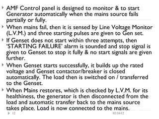 AMF Control panel is designed to monitor & to start Generator automatically when the mains source fails partially or fully. When mains fail, then it is sensed by Line Voltage Monitor (L.V.M.) and three starting pulses are given to Gen set. If Genset does not start within three attempts, then ‘STARTING FAILURE’ alarm is sounded and stop signal is given to Genset to stop it fully & no start signals are given further.  When Genset starts successfully, it builds up the rated voltage and Genset contactor/breaker is closed automatically. The load then is switched on / transferred to the Genset.  When Mains restores, which is checked by L.V.M. for its healthiness, the generator is then disconnected from the load and automatic transfer back to the mains source takes place. Load is now connected to the mains. 02/10/12 
