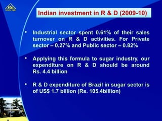 • Industrial sector spent 0.61% of their sales
turnover on R & D activities. For Private
sector – 0.27% and Public sector – 0.82%
• Applying this formula to sugar industry, our
expenditure on R & D should be around
Rs. 4.4 billion
• R & D expenditure of Brazil in sugar sector is
of US$ 1.7 billion (Rs. 105.4billion)
Indian investment in R & D (2009-10)
 