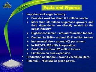 • Importance of sugar industry.
 Provides work for about 0.5 million people.
 More than 50 million sugarcane growers and
their dependents are directly related to the
sugar industry.
 Highest consumer – around 23 million tonnes.
 Demand in 2020 – around 30-31 million tonnes
 Incremental rise – around 4% per annum.
 In 2012-13, 526 mills in operation.
 Production around 25 million tonnes.
 Limitation on area expansion.
• Production of ethanol – around 2.5 billion liters.
• Potential – 7500 MW of green power.
Facts and Figures
 