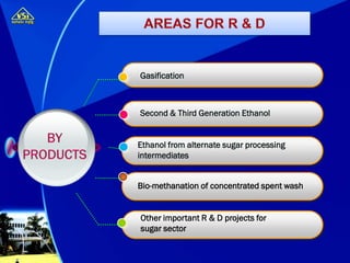 Gasification
Second & Third Generation Ethanol
Ethanol from alternate sugar processing
intermediates
Bio-methanation of concentrated spent wash
Other important R & D projects for
sugar sector
 