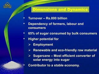 • Turnover – Rs.800 billion
• Dependency of farmers, labour and
consumers
• 65% of sugar consumed by bulk consumers
• Higher potential for
 Employment
 Renewable and eco-friendly raw material
 Sugarcane – Most efficient converter of
solar energy into sugar
• Contributor to a stable economy.
Dimensions and Dynamics
 