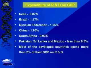 • India - 0.87%
• Brazil - 1.17%
• Russian Federation - 1.25%
• China - 1.70%
• South Africa - 0.93%
• Pakistan, Sri Lanka and Mexico - less than 0.5%
• Most of the developed countries spend more
than 2% of their GDP on R & D.
Expenditure of R & D on GDP
 