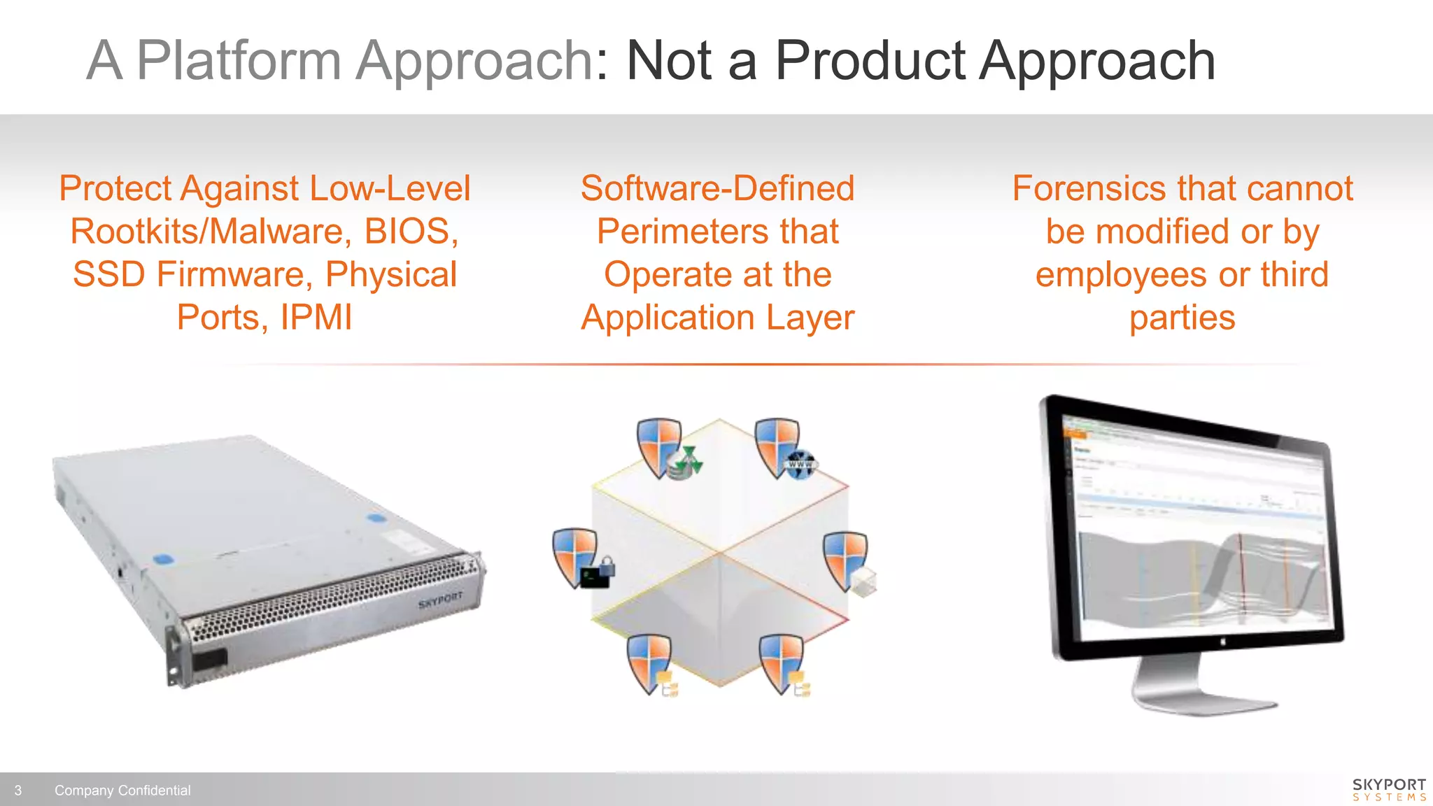 Company Confidential3
A Platform Approach: Not a Product Approach
Software-Defined
Perimeters that
Operate at the
Application Layer
Protect Against Low-Level
Rootkits/Malware, BIOS,
SSD Firmware, Physical
Ports, IPMI
Forensics that cannot
be modified or by
employees or third
parties
 
