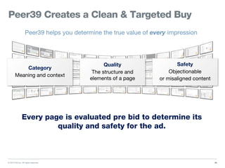 © 2013 DG Inc. All rights reserved.
Peer39 Creates a Clean & Targeted Buy
29
Peer39 helps you determine the true value of every impression
Category
Meaning and context
Quality
The structure and
elements of a page
Safety
Objectionable
or misaligned content
Every page is evaluated pre bid to determine its
quality and safety for the ad.
 