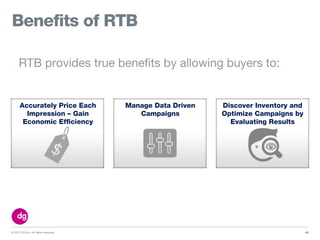 © 2013 DG Inc. All rights reserved.
Benefits of RTB
40
RTB provides true benefits by allowing buyers to:
Discover Inventory and
Optimize Campaigns by
Evaluating Results
Manage Data Driven
Campaigns
Accurately Price Each
Impression – Gain
Economic Efficiency
 