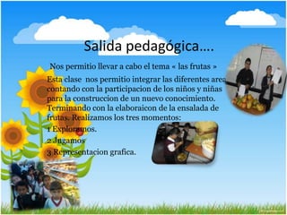 Salida pedagógica….
Nos permitio llevar a cabo el tema « las frutas »
Esta clase nos permitio integrar las diferentes areas
contando con la participacion de los niños y niñas
para la construccion de un nuevo conocimiento.
Terminando con la elaboraicon de la ensalada de
frutas. Realizamos los tres momentos:
1 Exploramos.
2 Jugamos
3 Representacion grafica.